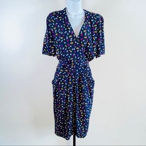 Vintage MS CHAUS Blue Multicolor Print Wrap Dress
